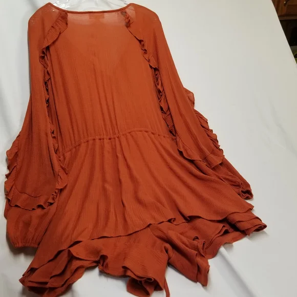 & Merci Woman SzL Romper Ruffle Long Sleeve Drawstring Waist V Neck Burnt Orange - Picture 13 of 13